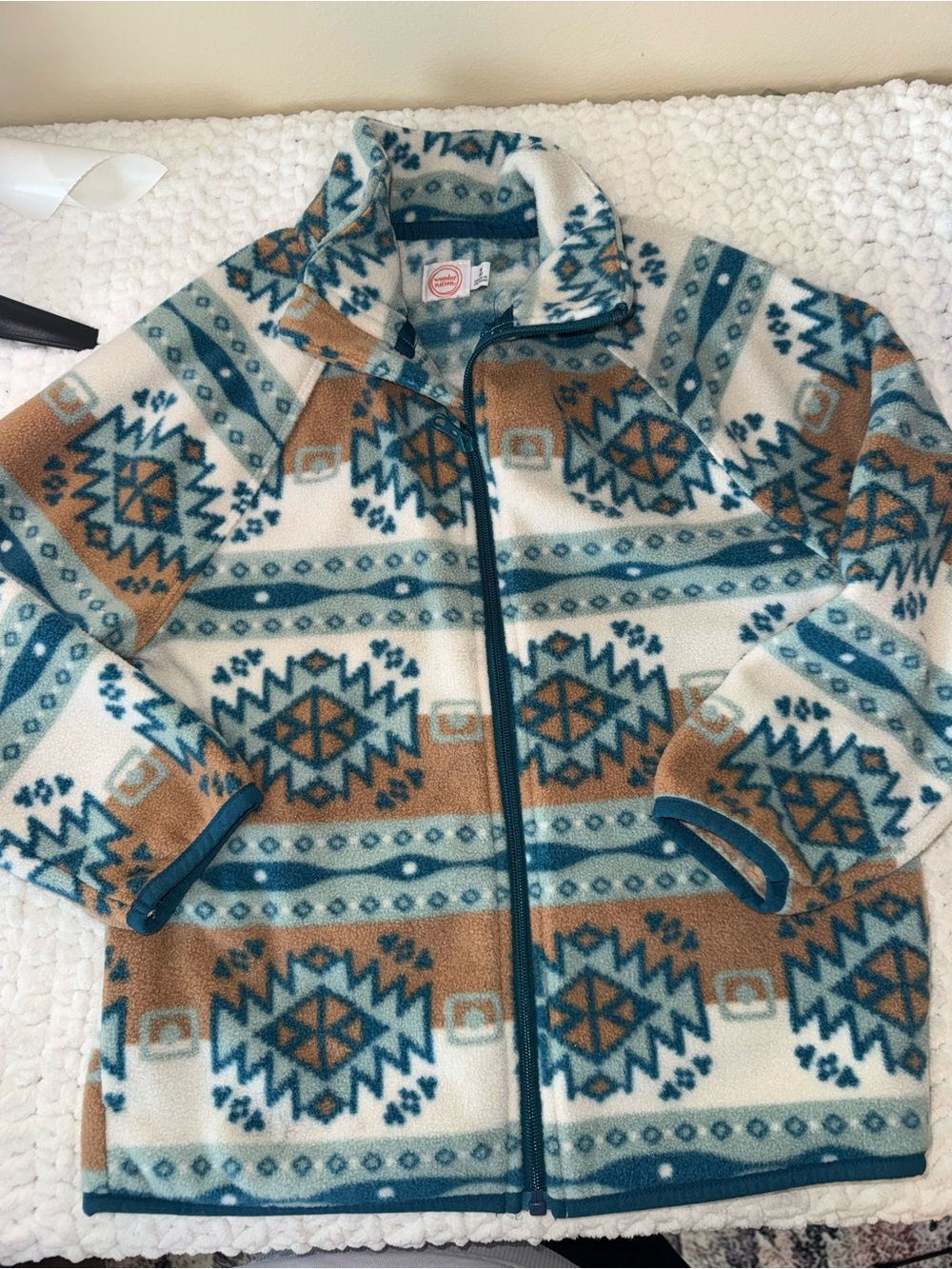 Kids Teal & Brown Patterned Fleece Jacket -